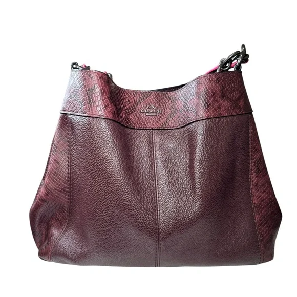 Coach Lexy Colorblock Pebble Leather & Genuine Snakeskin Shoulder Bag Burgundy - Picture 3 of 16